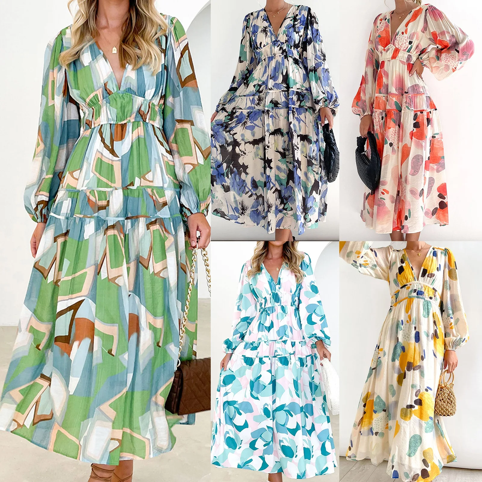 

Bohemian Long Dress Women Lantern Long Sleeve Floral Print Cocktail Maxi Dress Summer V-Neck A-Line Large Swing Beach Long Dress