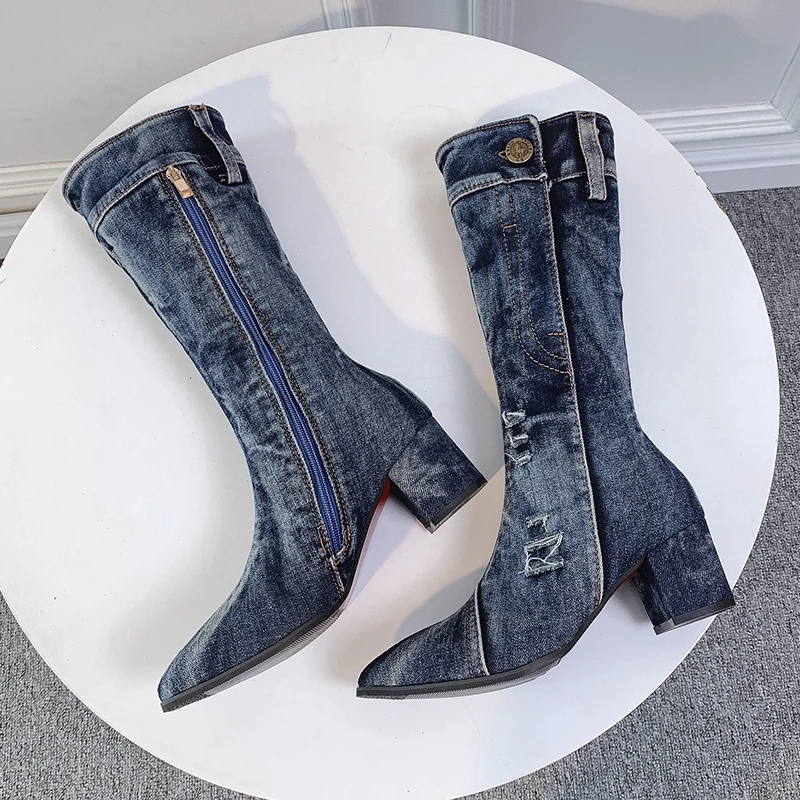 Sexy Jean Boots Women's Mid Calf Boot Zipper High Heel Woman Stylish Jeans Boots Ladies Denim Boot Female Shoes Cowboy 2022 New