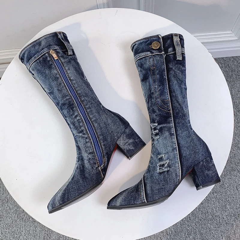 

Sexy Jean Boots Women's Mid Calf Boot Zipper High Heel Woman Stylish Jeans Boots Ladies Denim Boot Female Shoes Cowboy 2022 New