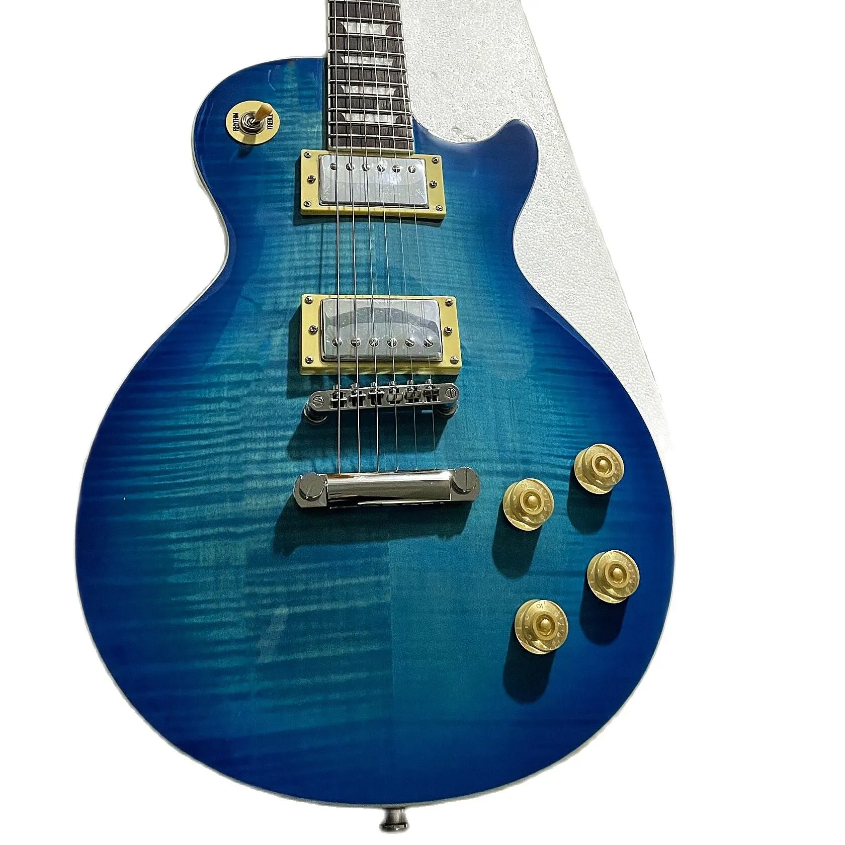 

New!!! Transparent Blue Burst Color Standard LP Electric Guitar, Solid Body With Flame Cover ,Ebony Fretboard,Binding Top