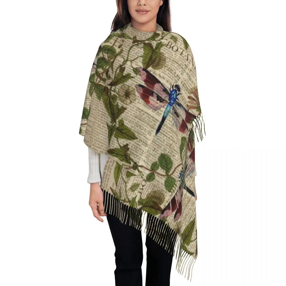 Шарф с газетным принтом и кисточкой современные листья ботаническое искусство