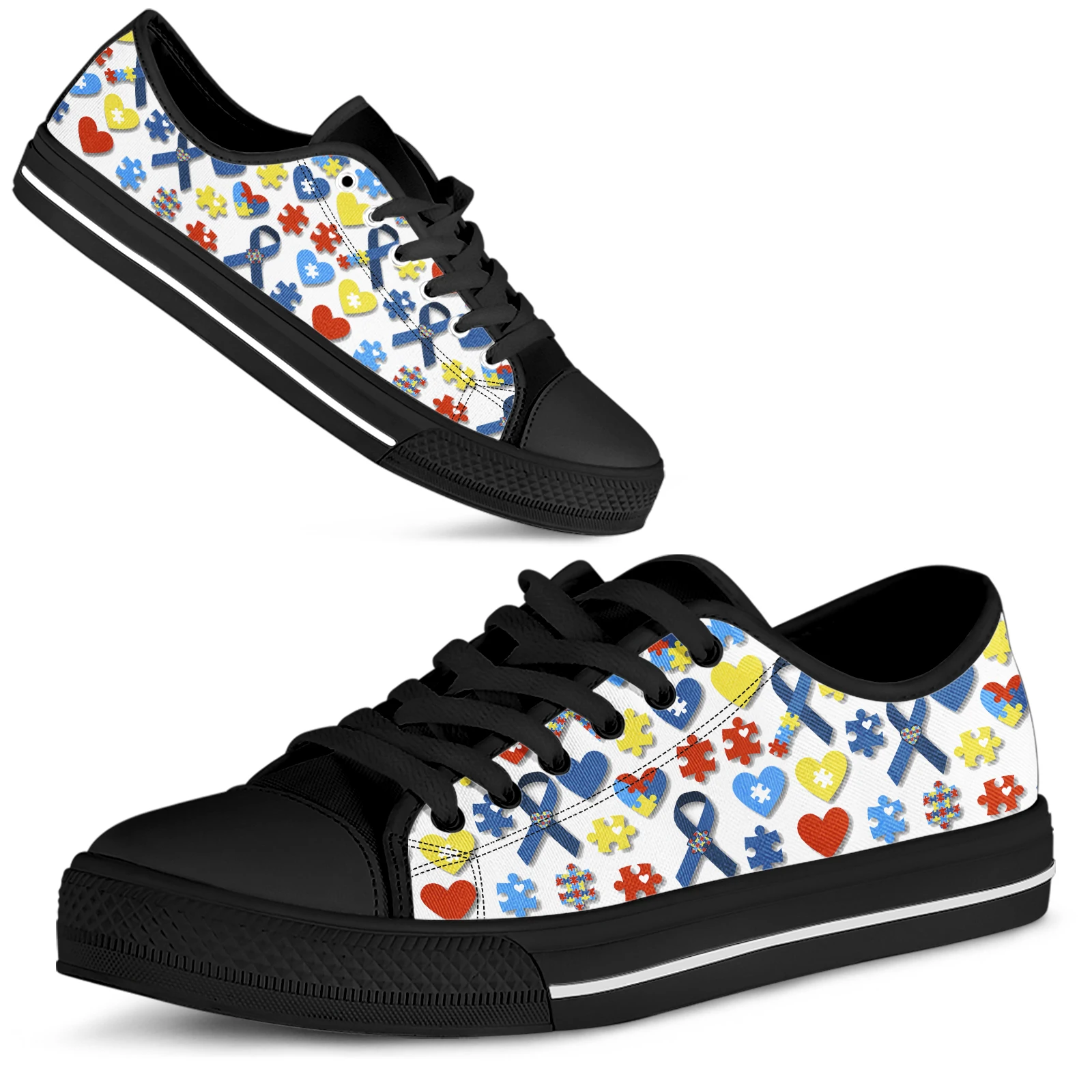 

ELVISWORDS World Autism Awareness Day Low Top Ladies Vulcanized Shoes Blue Ribbon Printed Canvas Shoes Flats Zapatos Mujer