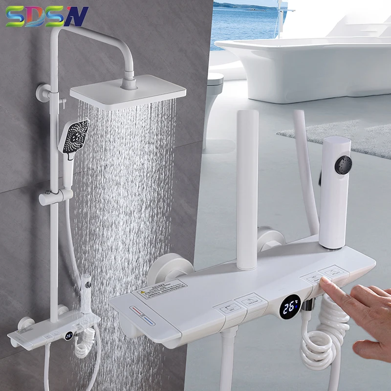 

Hot Cold Piano Digital Shower Set Quality Brass Bathroom Mixer Faucets Tap Wall Mounted White Thermostatic Piano Shower System