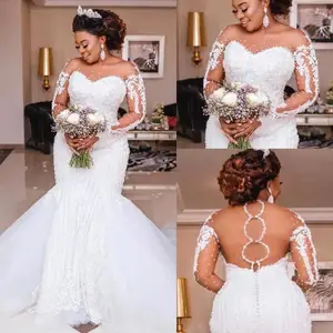 Beading Mermaid Wedding Dresses Long Sleeve Appliques Pearls African Wedding Bridal Gowns Plus Size Bridal Vestido de noiva