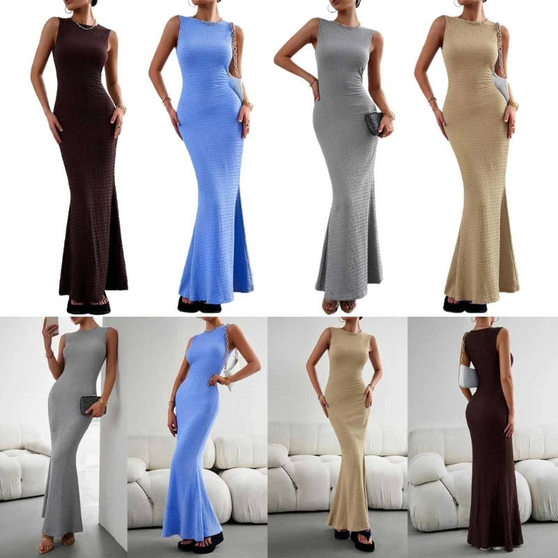 

Sexy Ribbed Maxi Dress Round Neck Sleeveless Perfect for Day or Night Outfits