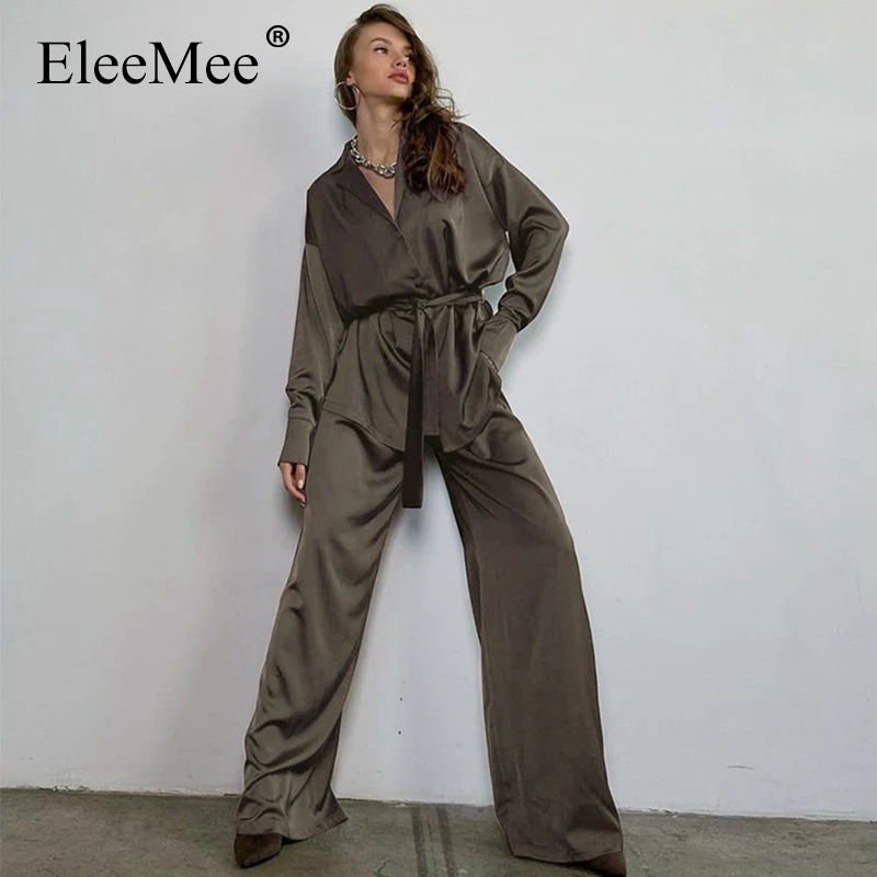 

EleeMee Satin Sets Two Piece For Female Straight Pants And Shirt Loose Bandage Solid Color Daily Ins Fashion Suit Size S-L
