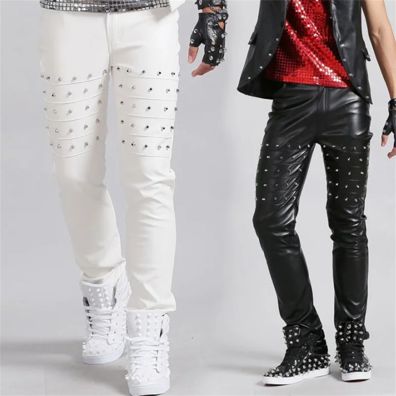 Mens rivets pants stage personality leatharem pant men feet trousers singer dance fashion pantalon homme street star style white