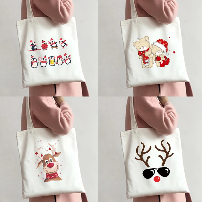 

Женские сумки-тоуты, многоразовая сумка для покупок с рождественским принтом, женские холщовые сумки на плечо, экологически чистая сумка с ...