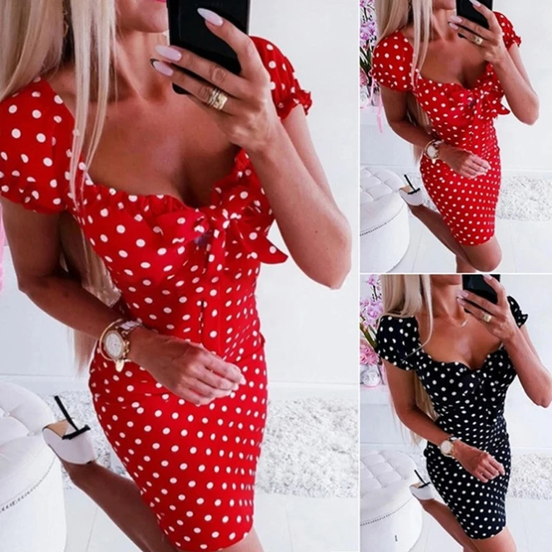 

2022 Newest Hot Women Boho Polka Dot Printed Sexy Bow Bodycon Dress Summer Holiday Sundress Beachwear Mini Dress
