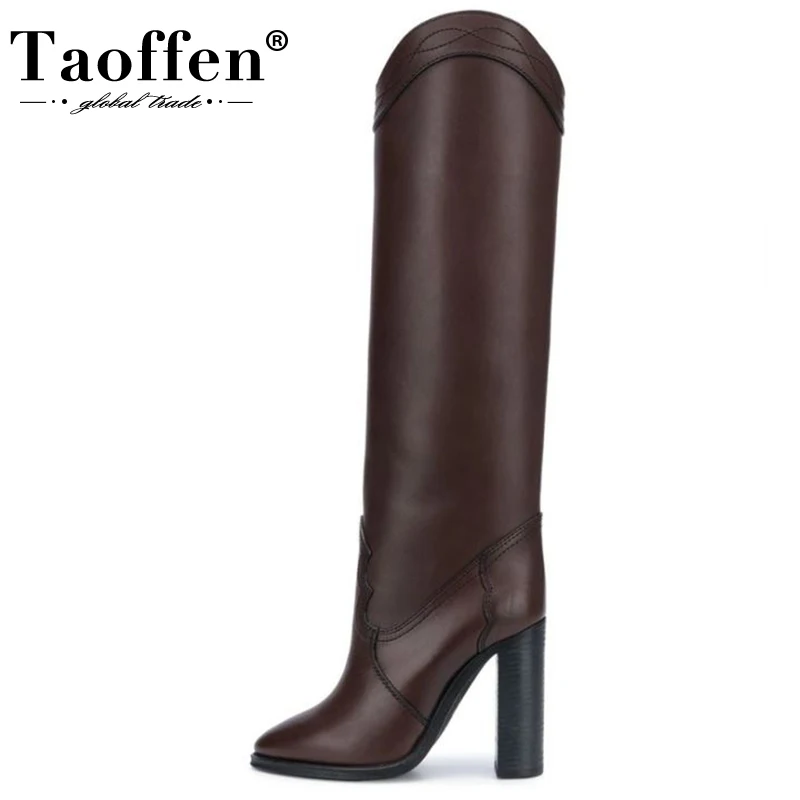 

Женские сапоги до колена Taoffen размера плюс 34-43 из натуральной кожи на высоком каблуке