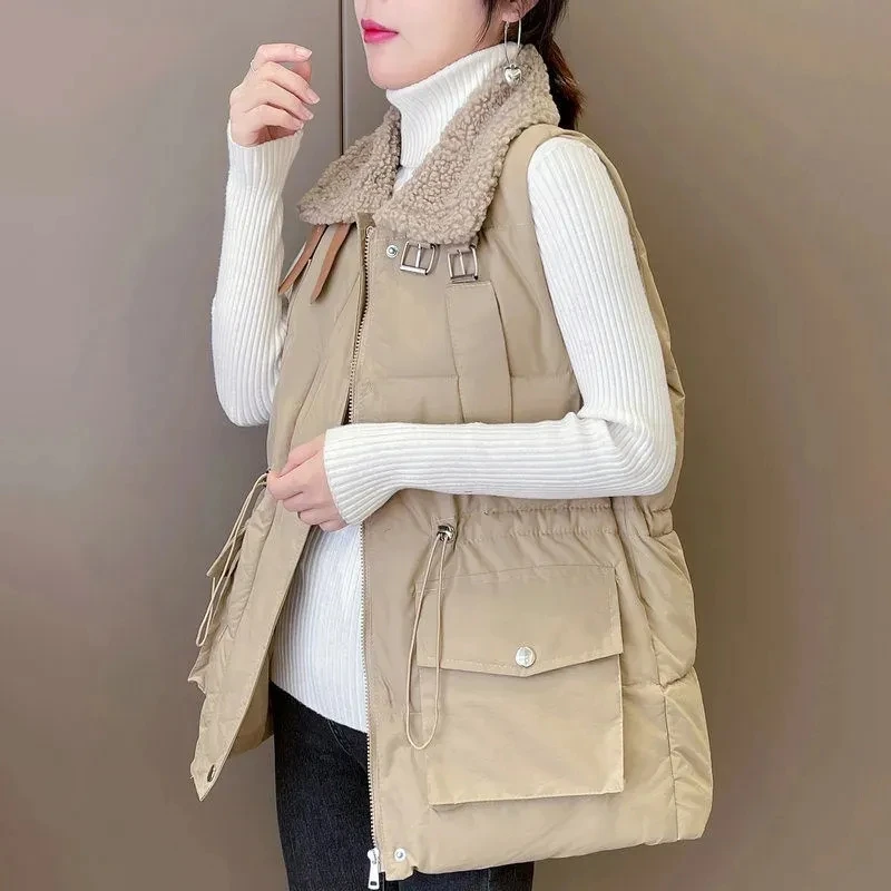 

Lamb Wool Stitching Down Cotton Waistcoats Womens 2022 Autumn Winter New Fashion Long Plus Velvet Thick Warm Vests Jackets Women