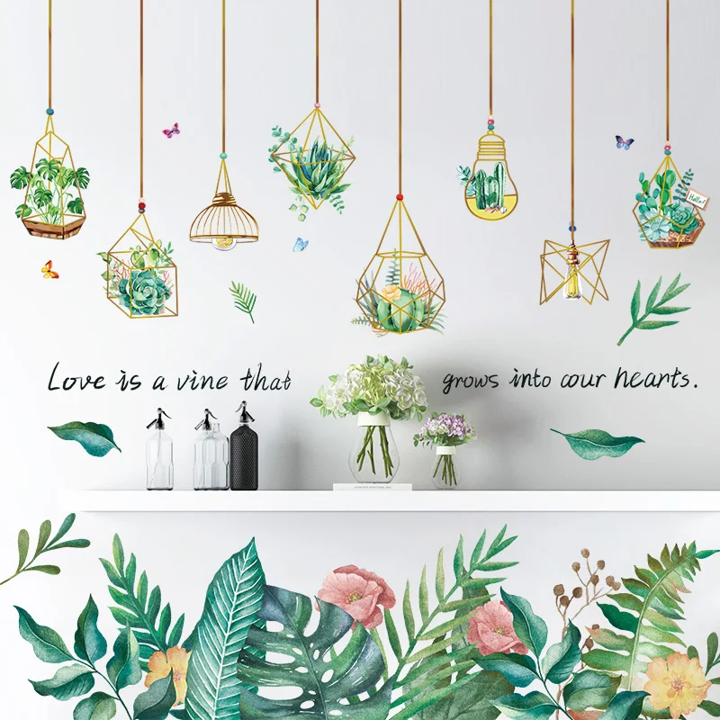 

[shijuekongjian] Green Potted Wall Stickers DIY Tropical Leaves Wall Decals for Living Room Bedroom Kitchen House Decoration