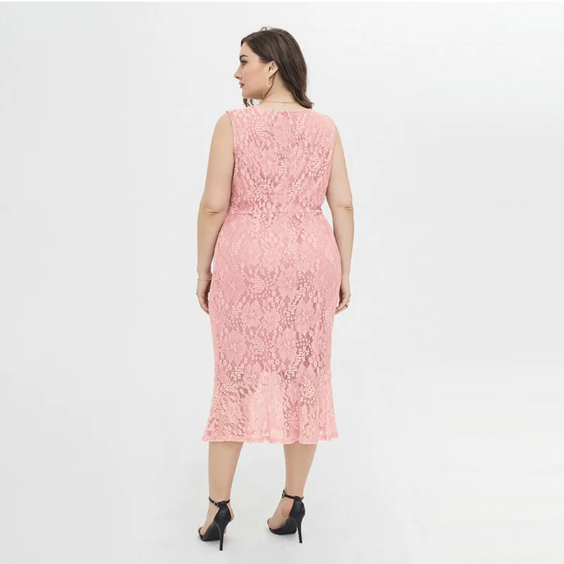 Plus Size Dress Women Summer 2022 Sweet Elegant Sexy Slim Lace Pink Print Pattern Calf Length Sleeveless Large Size Dress 4XL