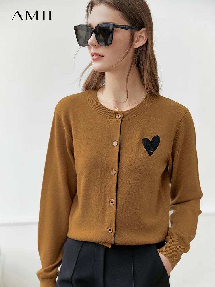 Amii-cárdigan minimalista para mujer, suéter sencillo de cuello redondo con bordado de una sola botonadura, Tops para mujer 2022
