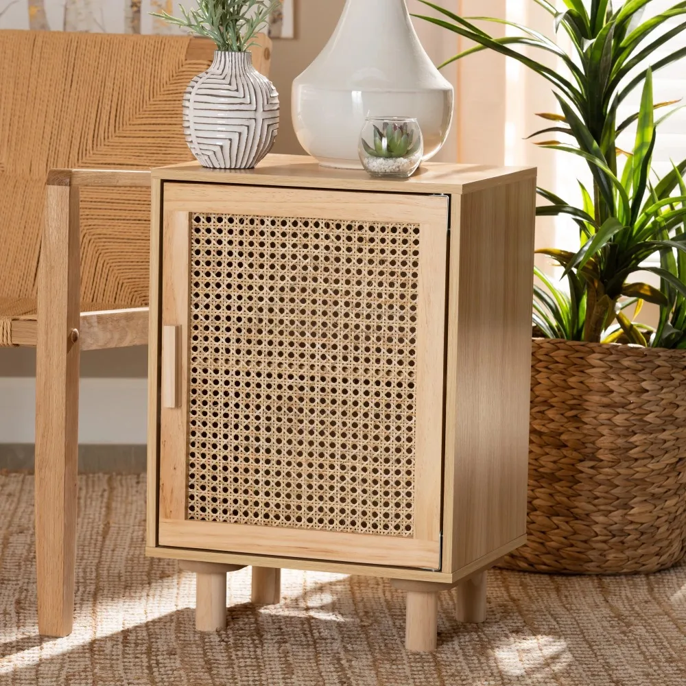 

Baxton Studio Maclean Mid-Century Modern Rattan and Natural Brown Finished Wood 1-Door Nightstand