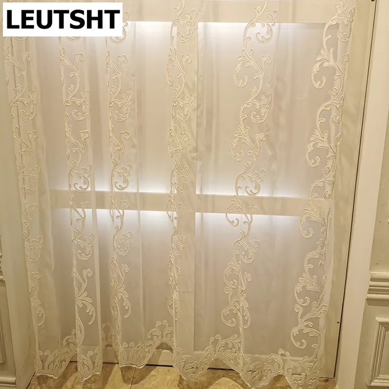 

European-style Curtains for Living Dining Room Bedroom Light Luxury White Tulle Embroidered Window Screen Tulle Curtains