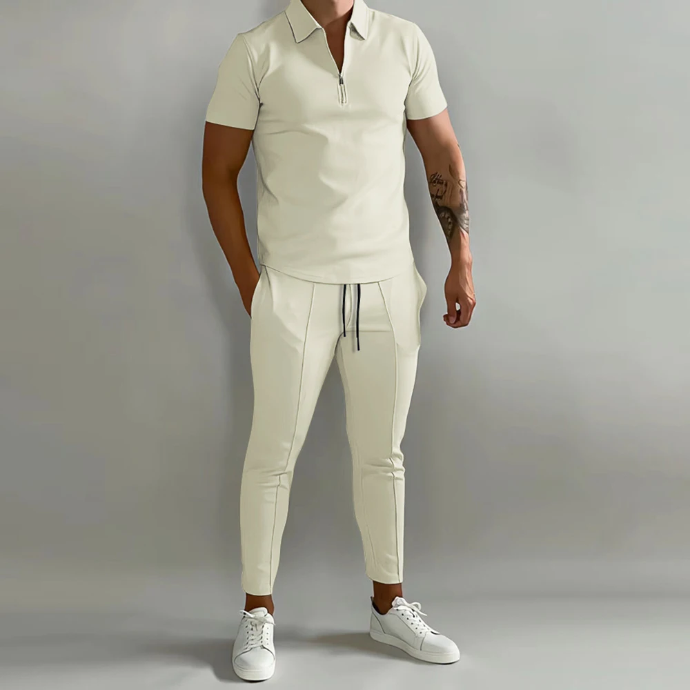 Men's Casual Solid Color Sports Suit Summer Fashion All-match Short-sleeved Polo Shirt Sports Trousers Two-piece Suit for Men