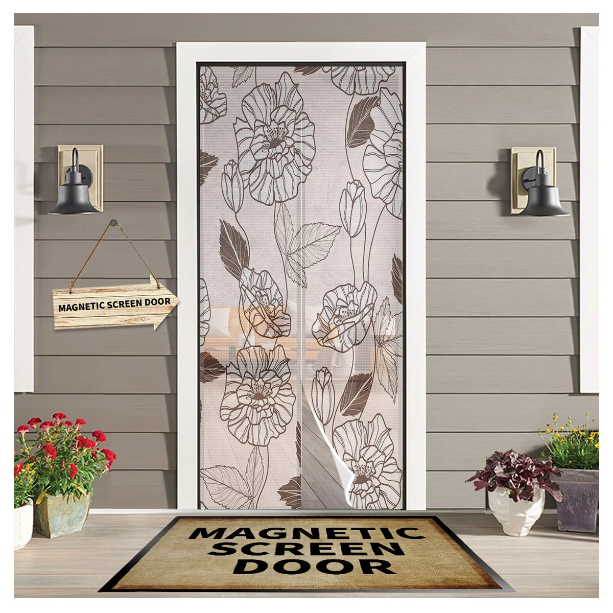 

Poppy Flowers Art Brown Leaves Kitchen Door Curtain Tool-free Magnetic Screen Insect-proof Door Curtain Bedroom Hanging Curtain