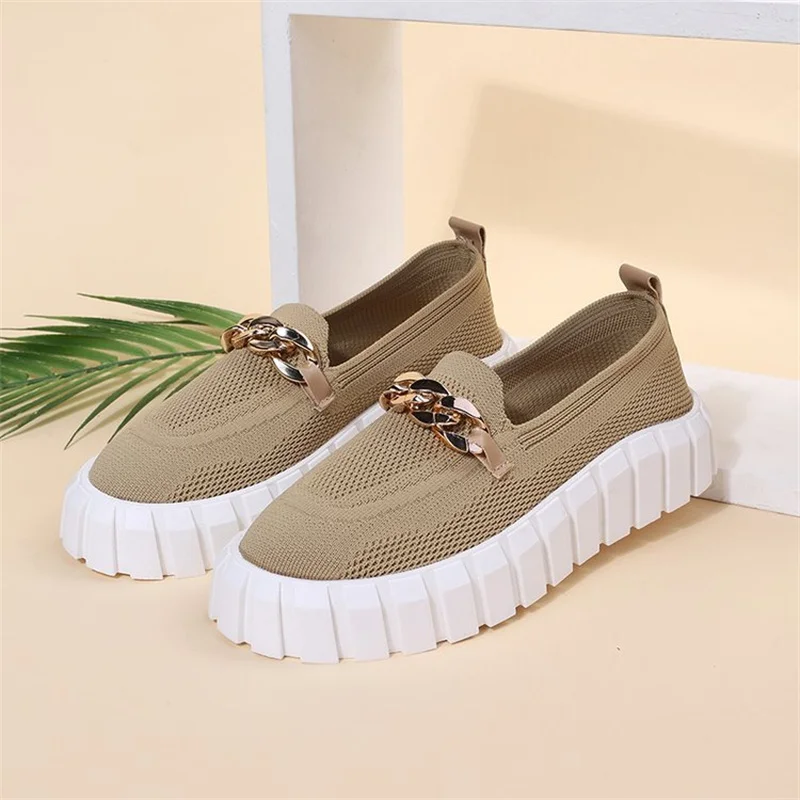 Black Women's Chain Loafer Flats Women Round Toe Slip on Mesh Sneaker Casual Shoes Fabric Flats Breathable Comfy Walking Shoes