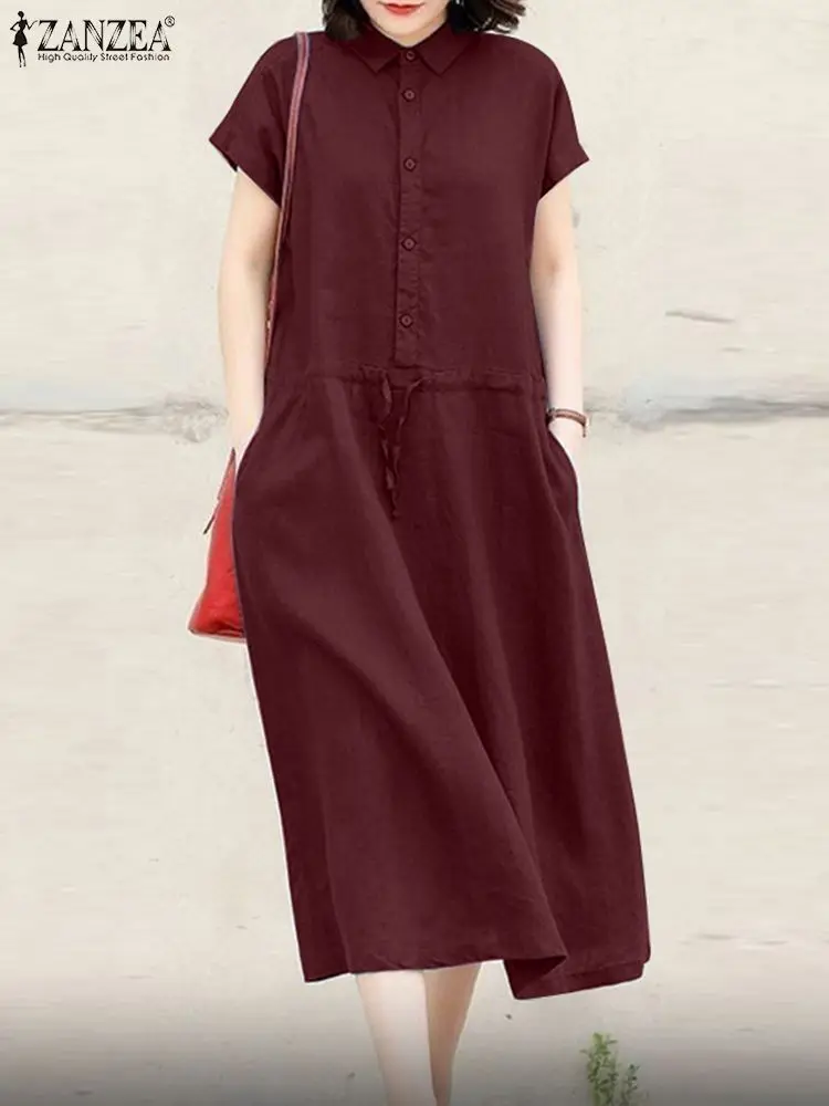 

Платье ZANZEA женское с воротником с лацканами и завязками на талии, Однотонная рубашка с коротким рукавом, Повседневный Сарафан средней длины для работы, на лето