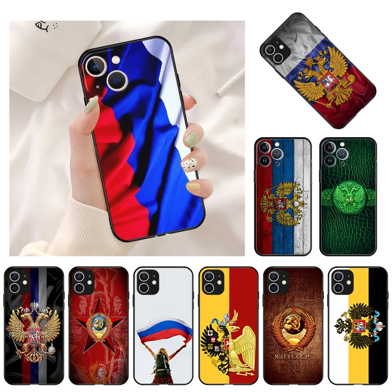 

Soft Phone Case For iPhone 13 11 12 Pro Max Mini XR XS SE 2022 X 8 7 6 6s Plus Russia Flag Eagle Shockproof Bumper Black Cover