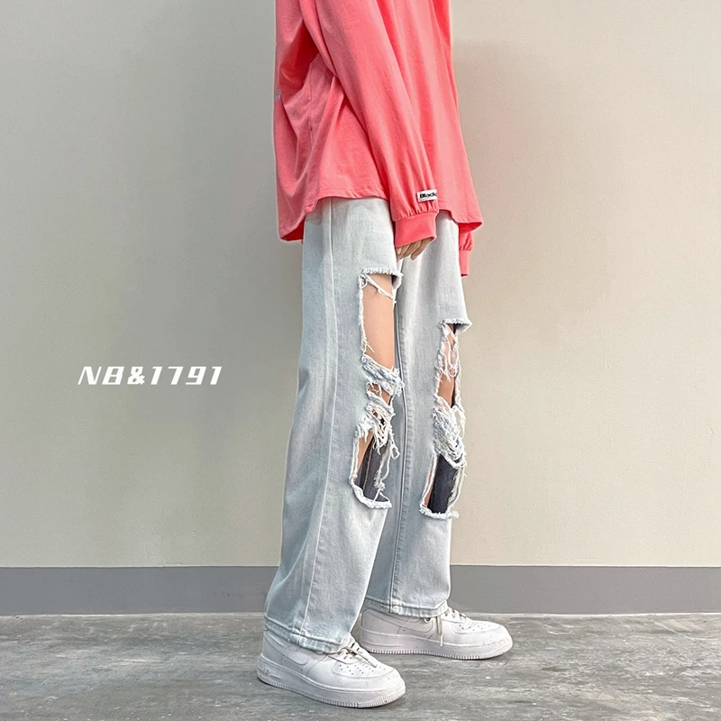 Spring/Summer Men's Big Ripped Blue Jeans Korean Fashion Streetwear Denim Straight Ankle-Length Pants Male Brand