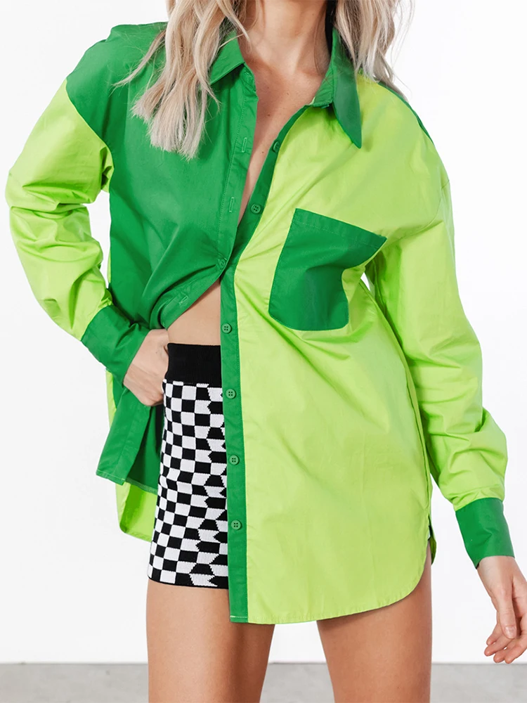 

Autumn Women Chiffon Blouse Harajuku Single Breasted Loose Tops Ladies Casual Patchwork Long Sleeve Shirts Blusas Mujer Female
