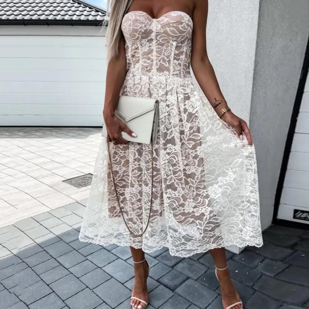 

Sexy Women Lace Dress Super Soft Off Shoulder Polyester Party Sexy Tube Top Lace Mesh Long Dress Women's Clothing Streetwear