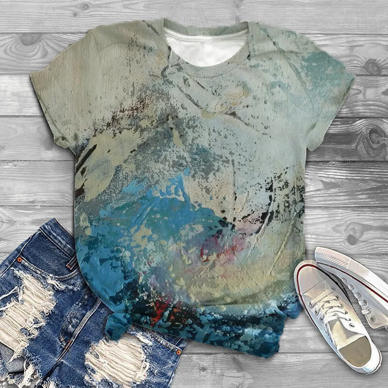 

Broken Flower Color Painting Sky 3d Women's Round Neck Short Sleeve Loose Ink Style Pattern Printed T-shirt