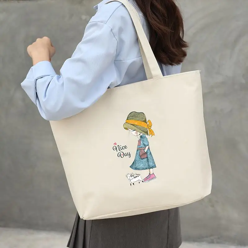 

Canvas Bag Women's Shoulder Bags Large Capacity Tote Shopping Bag Shopper Zipper Hand Cloth Bag Female Folding Satchel Pouck