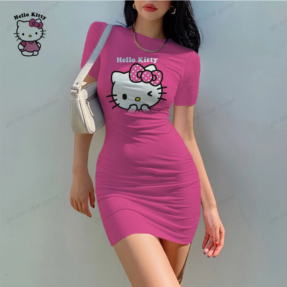 

Платье-миди с принтом Hello Kitty, летнее облегающее платье с коротким рукавом и круглым вырезом