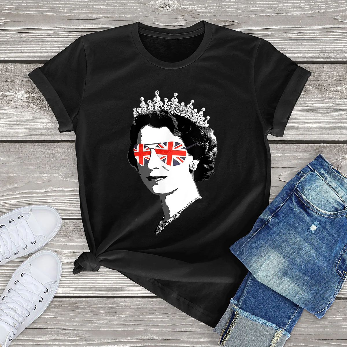 

100% Cotton Elizabeth II Sunglasses TShirt British Crown Union Jack Meme Women Clothing Vintage Casual T-Shirt Tee Female Tops