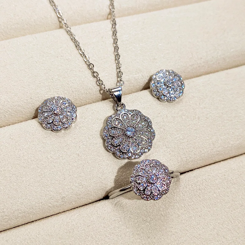 

Fashion Cubic Zirconia Round Flower Stud Earrings Necklace Rings For Women Wedding Engagement Party Female Accessories Set