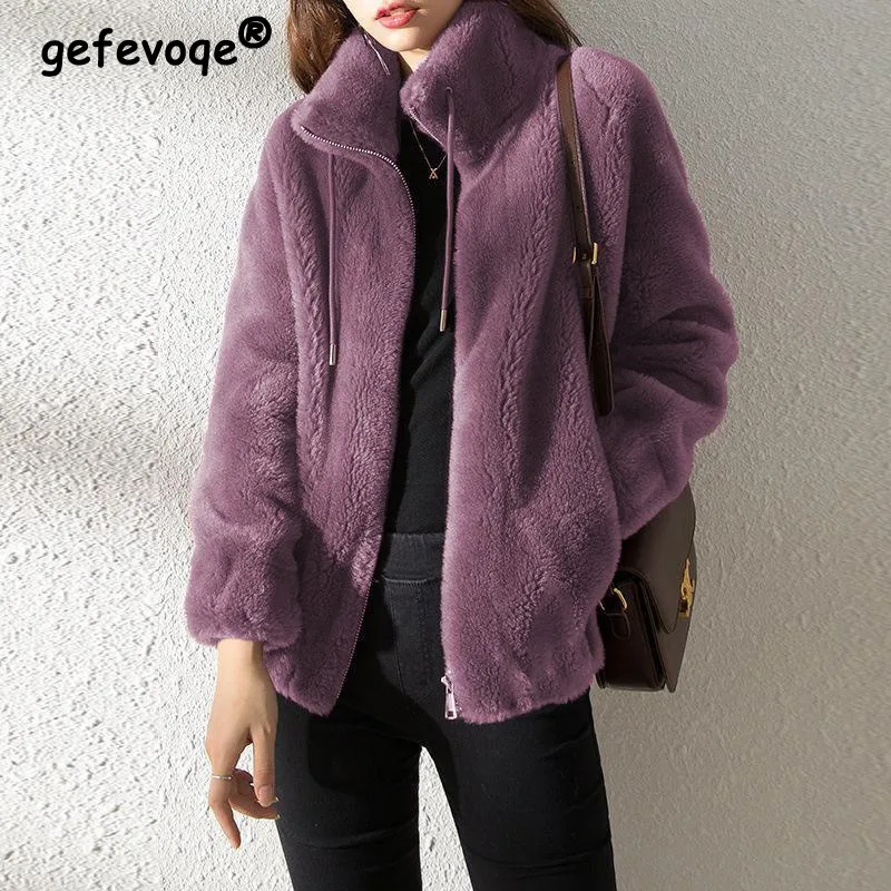 2022 Winter Women's High Quality Plush Thick Warm Faux Fur Coat Casual Loose Stand Collar OverCoat Female Zip Up Cardigan Jacket