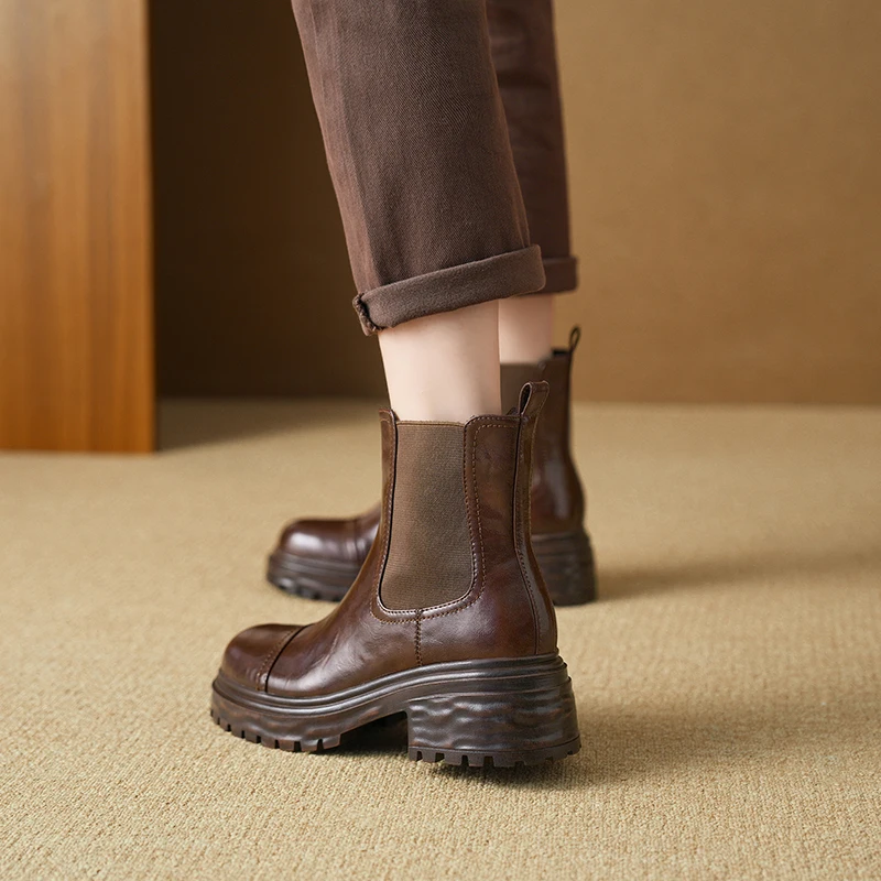 Women's Classic Winter Leather Chelsea Boots with Chunky Lug Sole Round Cap Toe and Elasticized Sides for Easy Slip-On