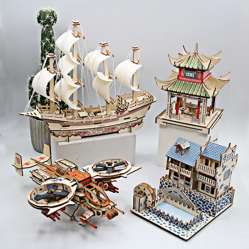 

3D Wooden Ship Jigsaw Toys Learning Building Robot Model DIY Sailing Boat Plane Puzzle Aircraft Gift Kids Car Toy For Children