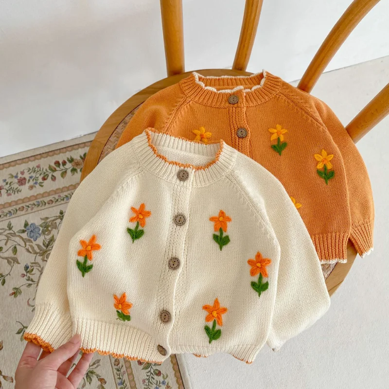 2022 New Baby Girl Long Sleeve Knit Cardigan Infant Autumn Princess Flower Embroidery Sweater Girls Knitted Jacket Baby Clothes