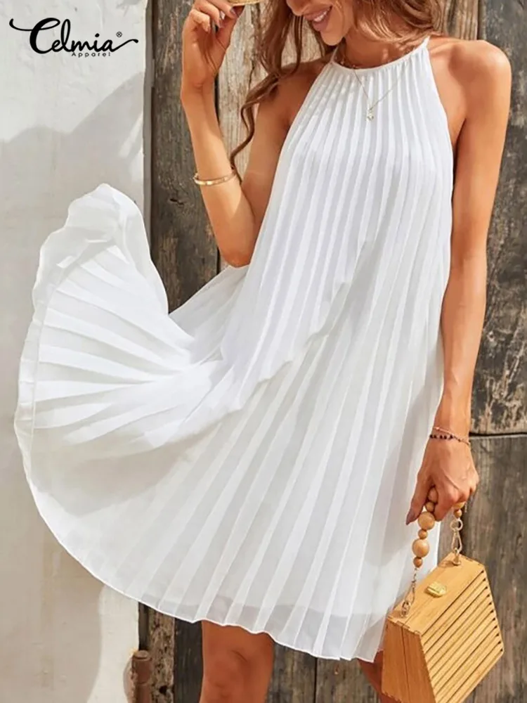 

Women Sleeveless Mini Dress Celmia Summer 2023 Party Sexy Straps Pleated Sundress Casual Loose O Neck Short Robes Oversize Dress