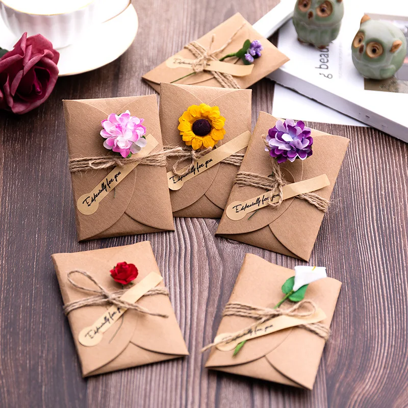 

Greeting Card With Dried Flower Kraft Paper Envelope Birthday Wedding Decorations Valentine's Day Gifts Invitations Letter