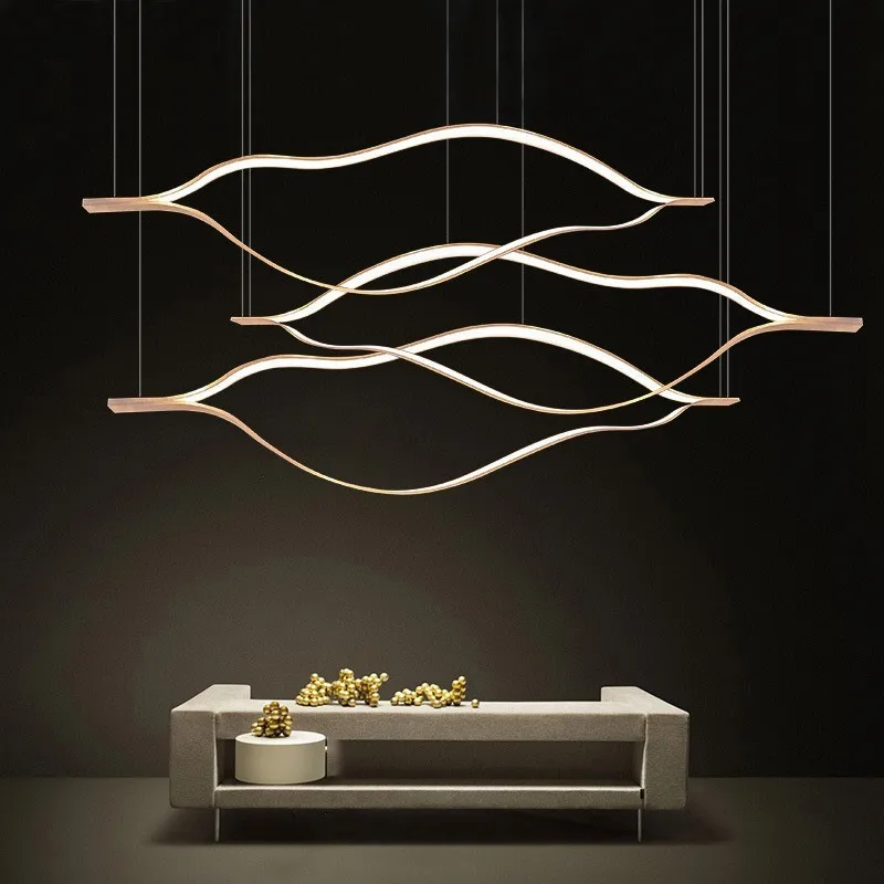 

Nordic new personality simple creative light luxury led wave lip aluminum strip living room dining room line chandelier
