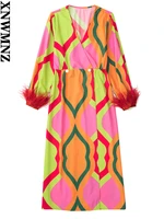 xnwmnz 2022 women fashion print feather sleeve dress vintage v neck buttoned robe female chic long dress vestidos