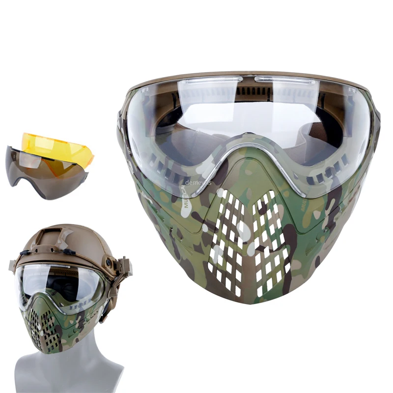 

Тактическая Маска с 3 линзами, защитная Военная маска шлем для съемки, Полнолицевая маска для активного отдыха, охоты, военных игр, страйкбол...