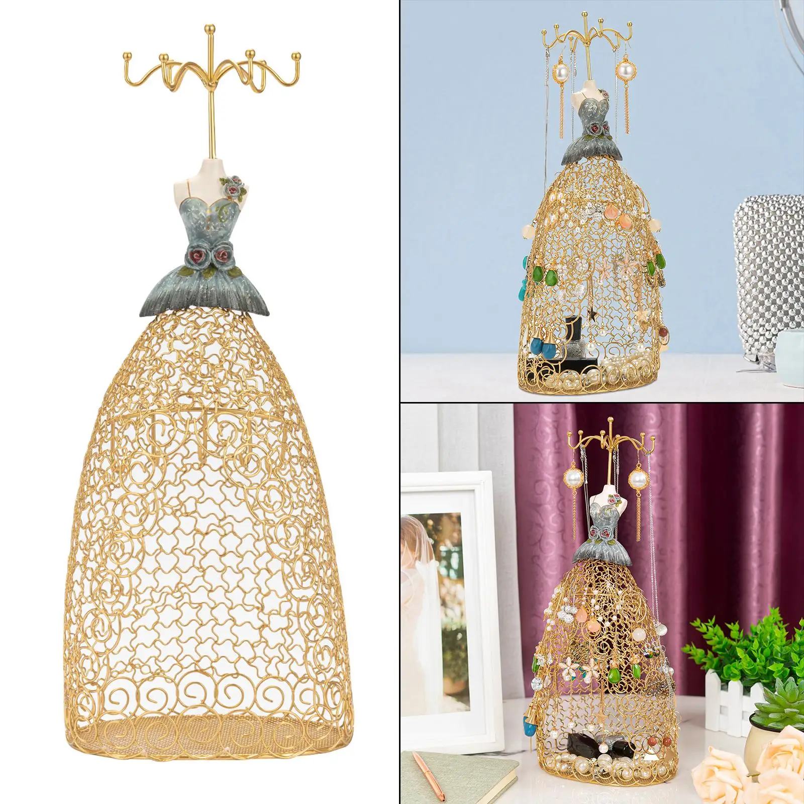 

Jewelry Display Rack Dress-Shaped Metal Free Standing Hanging Gold Stand Organizer for Photography Home Necklace Novelty