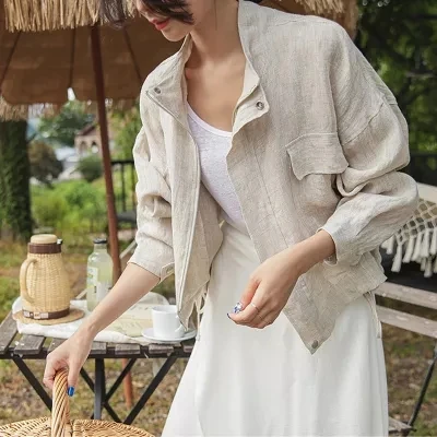 

SuperAen Solid Stand Full Big Pocket Loose Jacket Women 2022 Casual Cotton and Linen