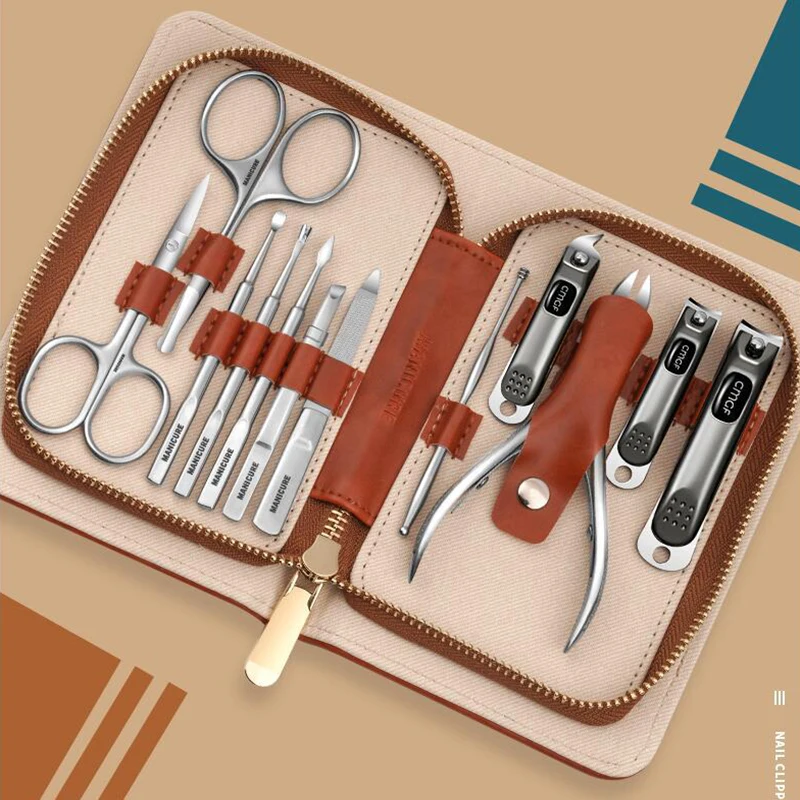 

12PCS Manicure Set With Morandi Grey Top-Grade Full Grain Cow Leather Packaging Nail Clipper Kits Perfect Gift Friends Family