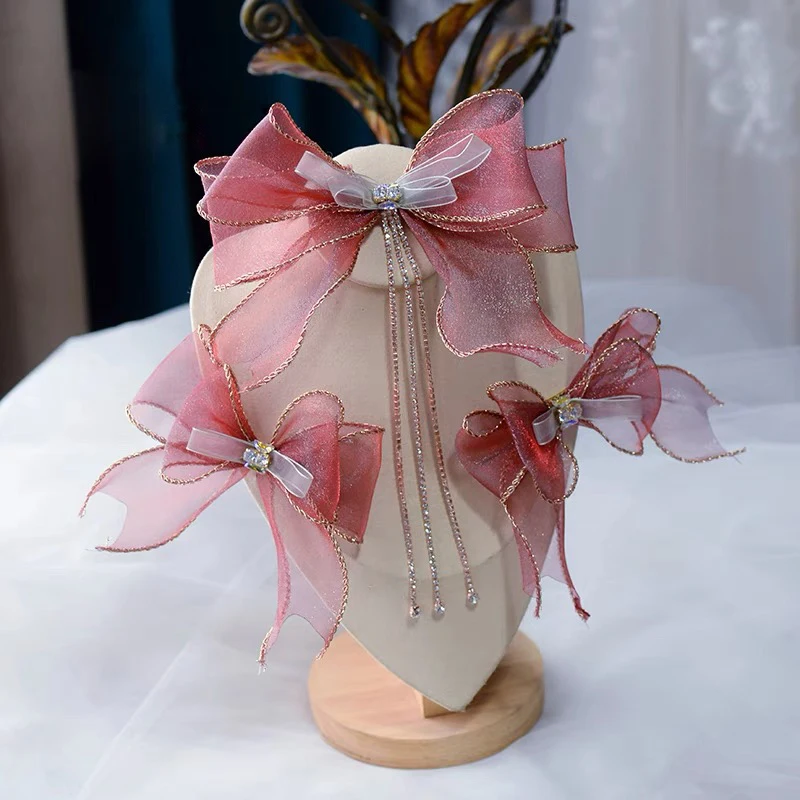 

Handmade Pink Bowknot Bridal Barrettes Hairpin Brides Tassels Hairclip Wedding Hair Accessory