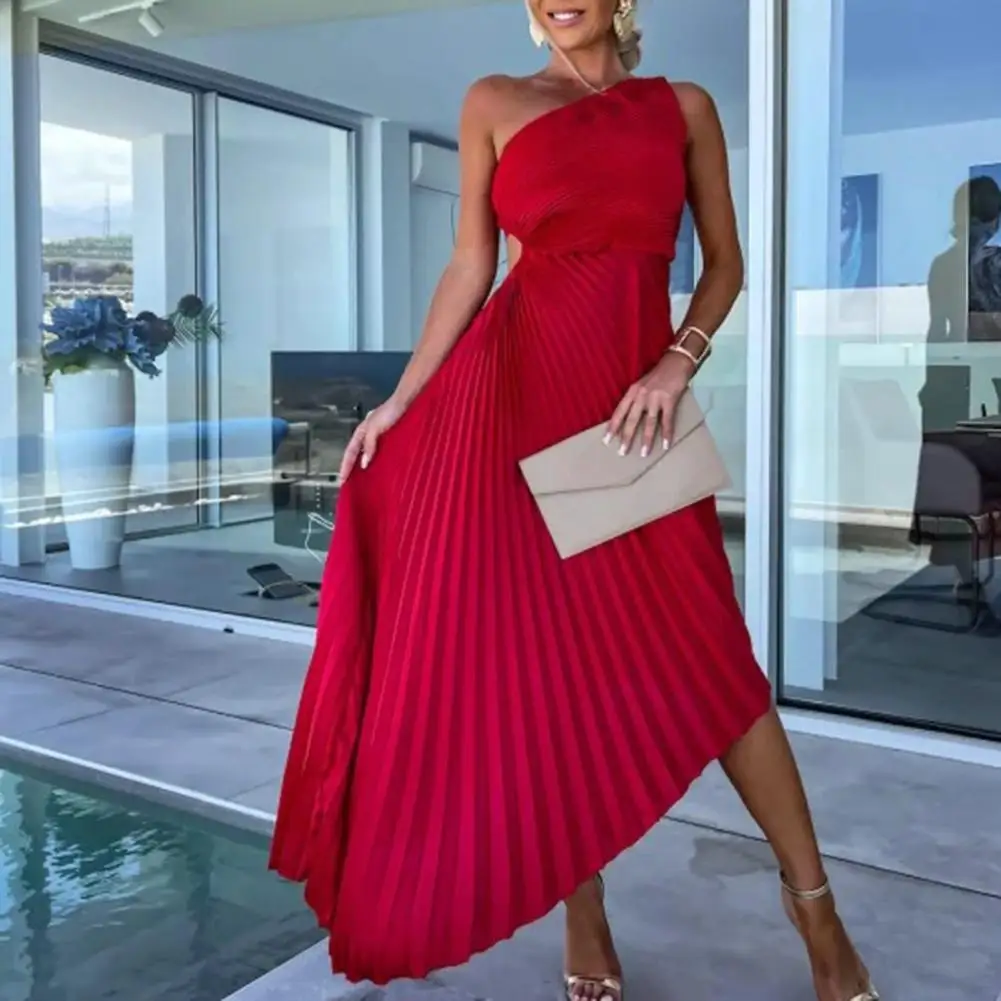 

Women Elegant Irregular Pleated Hem Dress Lady Diagonal Collar Backless Maxi Dress Ruffled Sleeveless Evening Party Dress