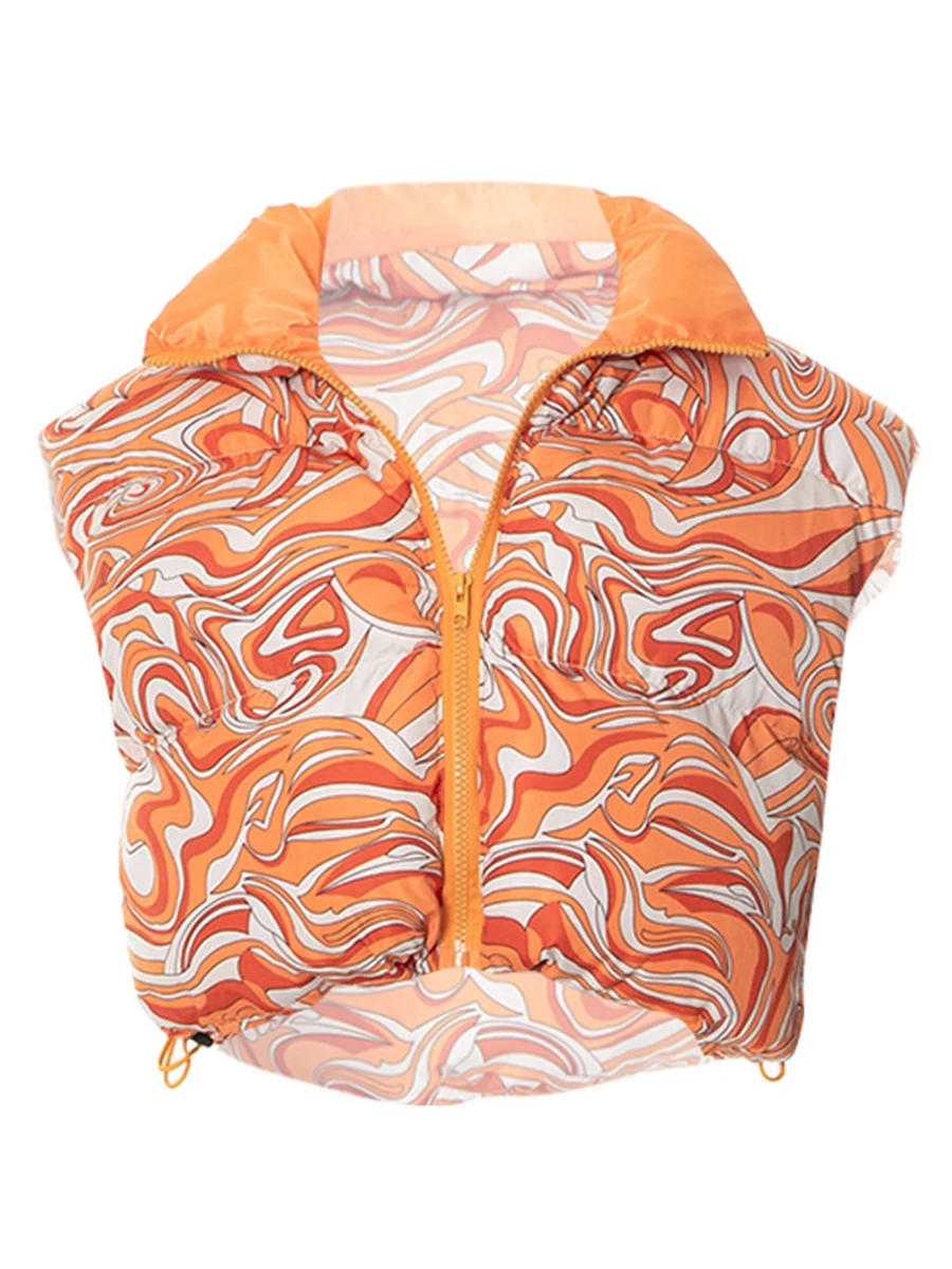 

Женский зимний жилет на молнии, повседневный жилет без рукавов с воротником-стойкой и абстрактным принтом в уличном стиле