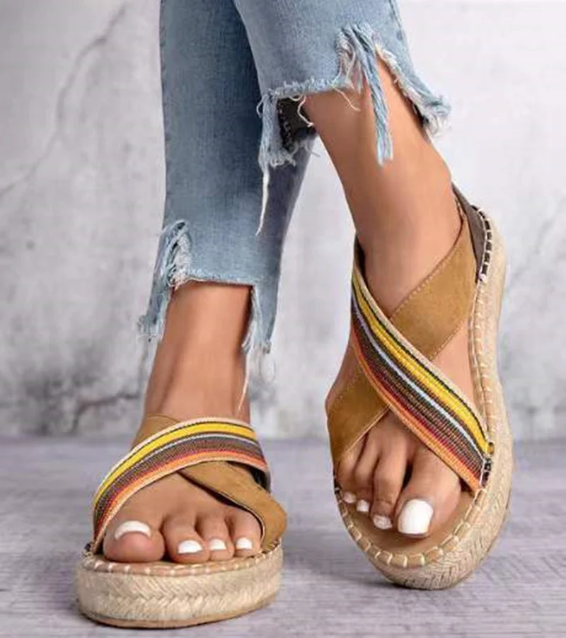 

Summer Women Fashion Casual Sandals Canvas Striped Platform Faux Hemp Sole Rubber Sole Gladiator Ladies Shoes Female Beach 2022