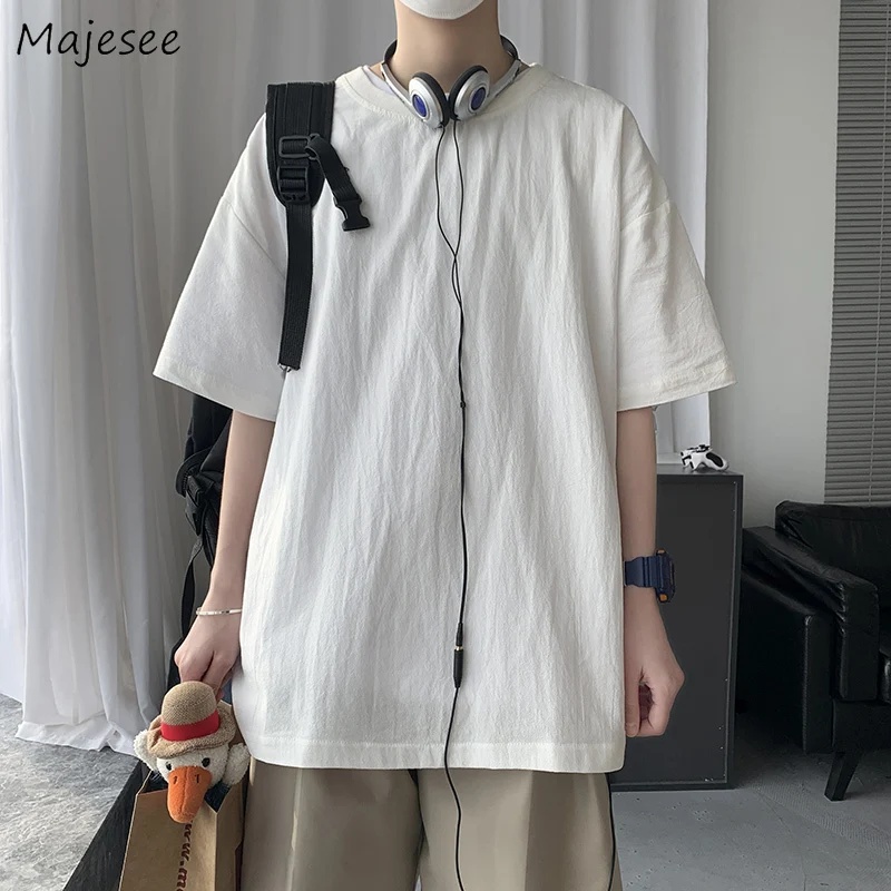 

T-shirts Men All-match Baggy Tops Pure Color Classical All-match Streetwear Simple Trendy Casual O-neck Popular Teens Students